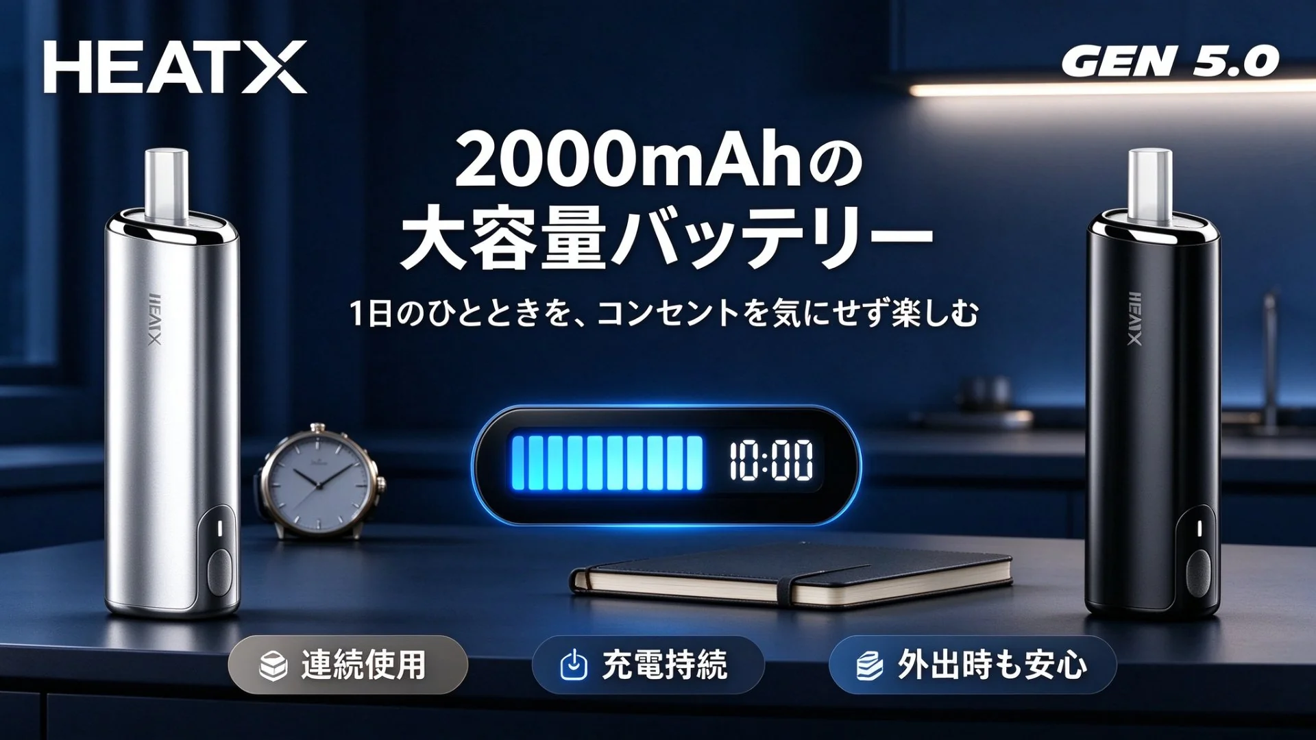 HEATX-5.0 2000mAhの大容量バッテリー